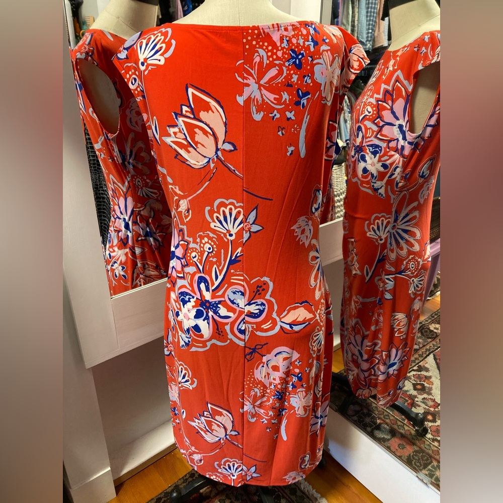Chaps Bright Orange Midi Floral Dress w Side Ruching, Size Large - Picture 3 of 12
